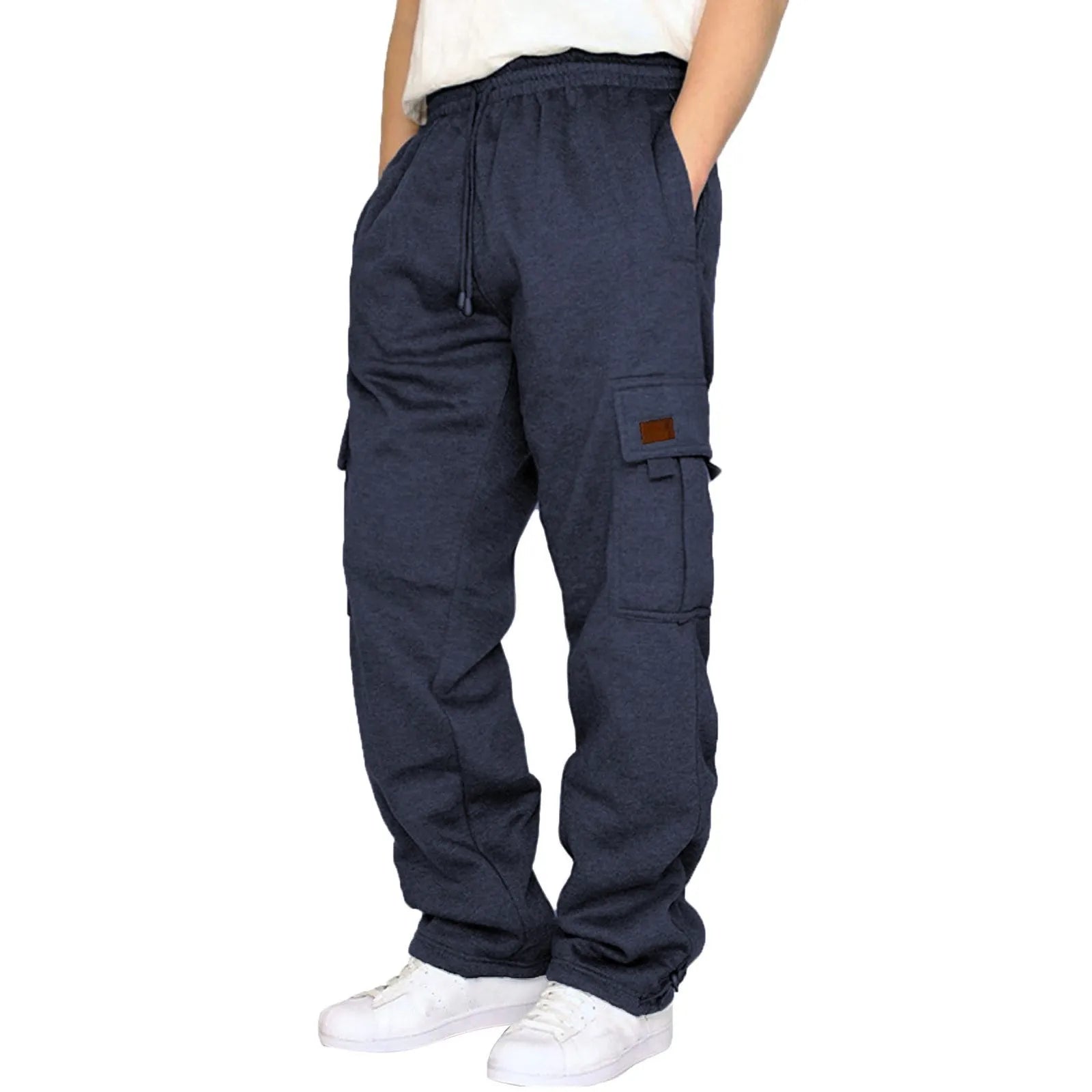 Cross-Border Trade Hot-Selling Men's Casual Fleece-Lined Jogger Pants with Multiple Pockets and Drawstring Loose Workwear Trouse