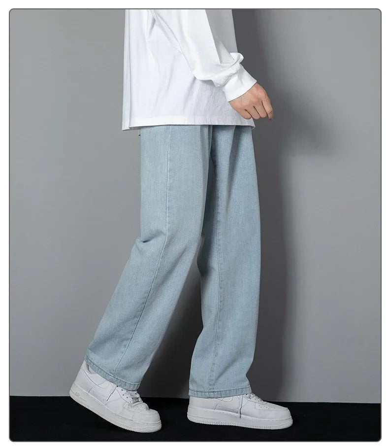 2025 New Korean Men Casual Long Straight Jeans Wide Leg Denim Pants Solid Color Light Blue Grey Black