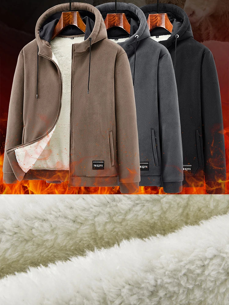 Men's Winter Fleece Jacket with Zip Pockets Classic Style Windproof Thickened Warm Hoody Coat Plus Size 6XL 7XL 8XL