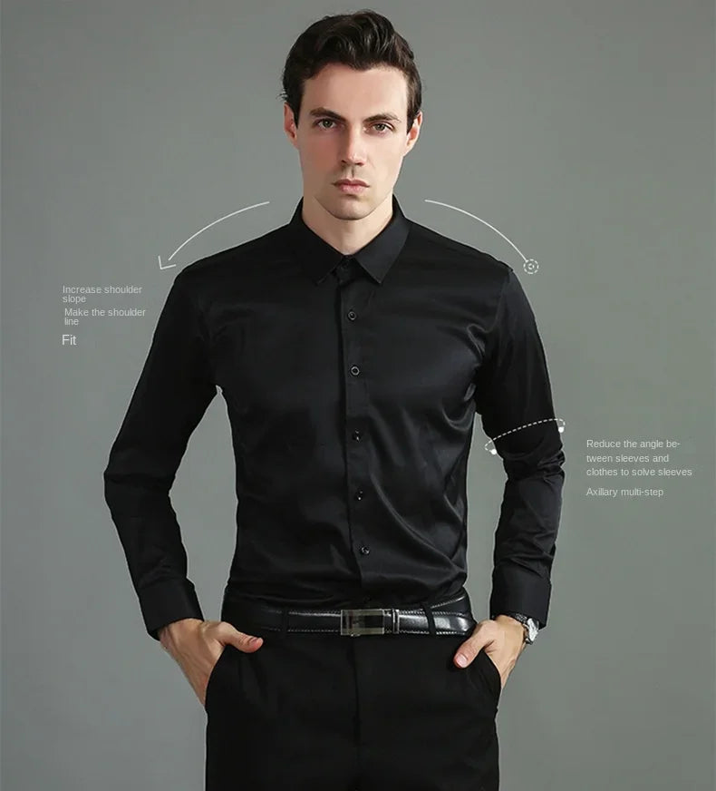 Non-iron, four-way stretch men's long sleeve shirt, silky foreign trade, cross-border amazon, euro men's tops, shirts