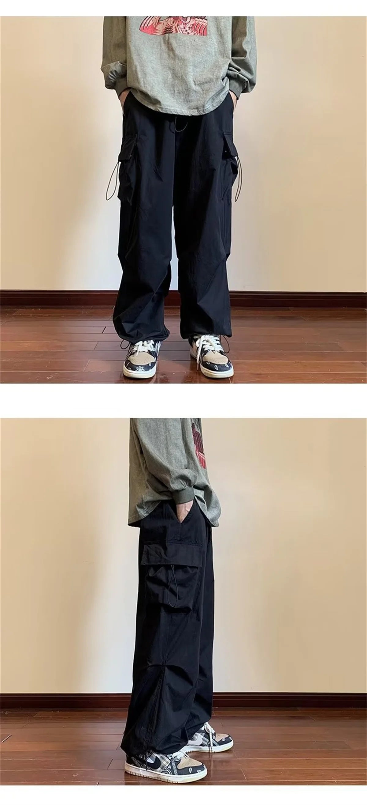 Streetwear 2024 Spring Harem Casual Pants Men Elastic Waist Solid Color Cargo Pants Multi Pocket Loose Baggy Pants For Women