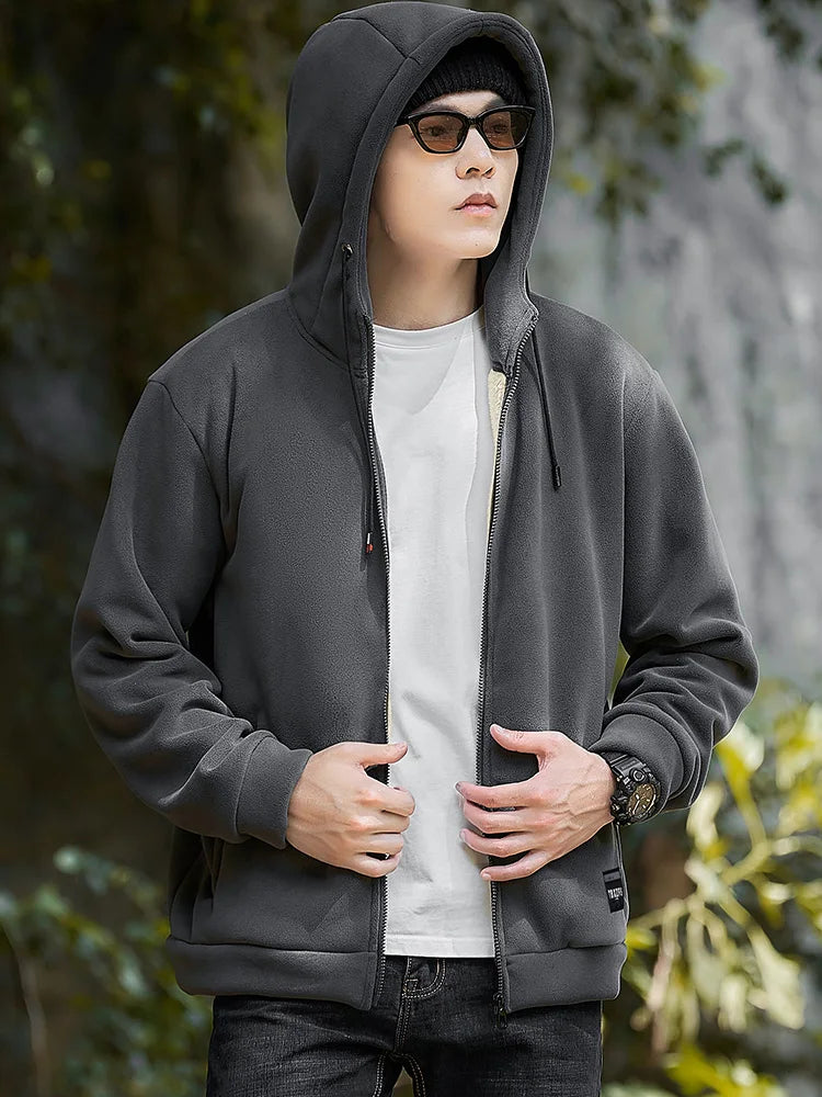 Men's Winter Fleece Jacket with Zip Pockets Classic Style Windproof Thickened Warm Hoody Coat Plus Size 6XL 7XL 8XL