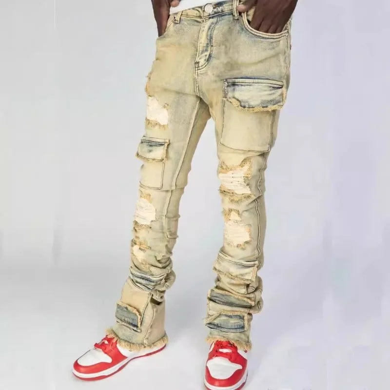Men's Denim Pants Fashion High Street Jeans Zipper Fly American Straight Full Length Slight Strech Ripped Hole Stonewashed Jeans