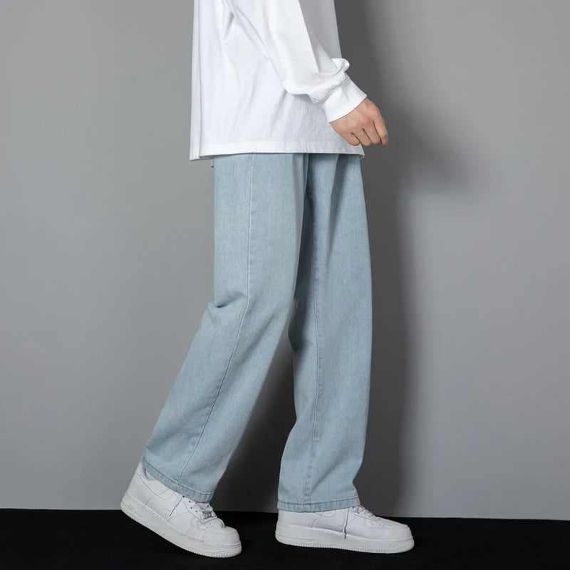 2025 New Korean Men Casual Long Straight Jeans Wide Leg Denim Pants Solid Color Light Blue Grey Black