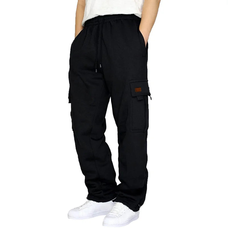 Cross-Border Trade Hot-Selling Men's Casual Fleece-Lined Jogger Pants with Multiple Pockets and Drawstring Loose Workwear Trouse