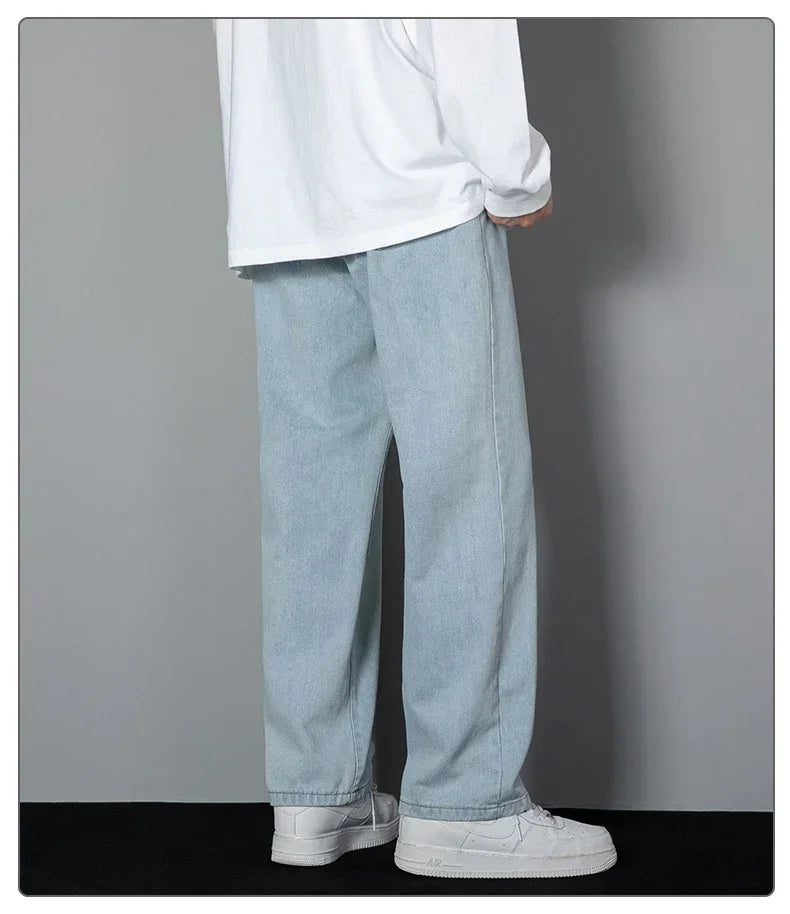 2025 New Korean Men Casual Long Straight Jeans Wide Leg Denim Pants Solid Color Light Blue Grey Black