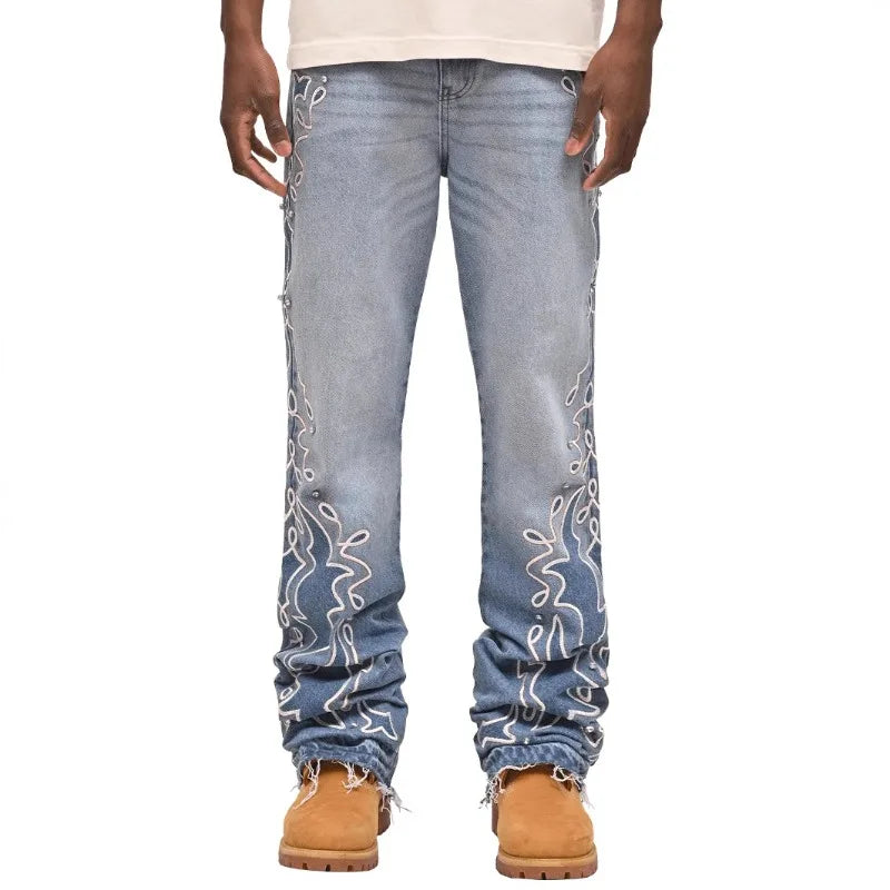 Men's Jeans 2025 Streetwears Straight Jeans Full Length Denim Pants Slight Strech Embroidery Loose Fashion Embroidery  Man Jeans