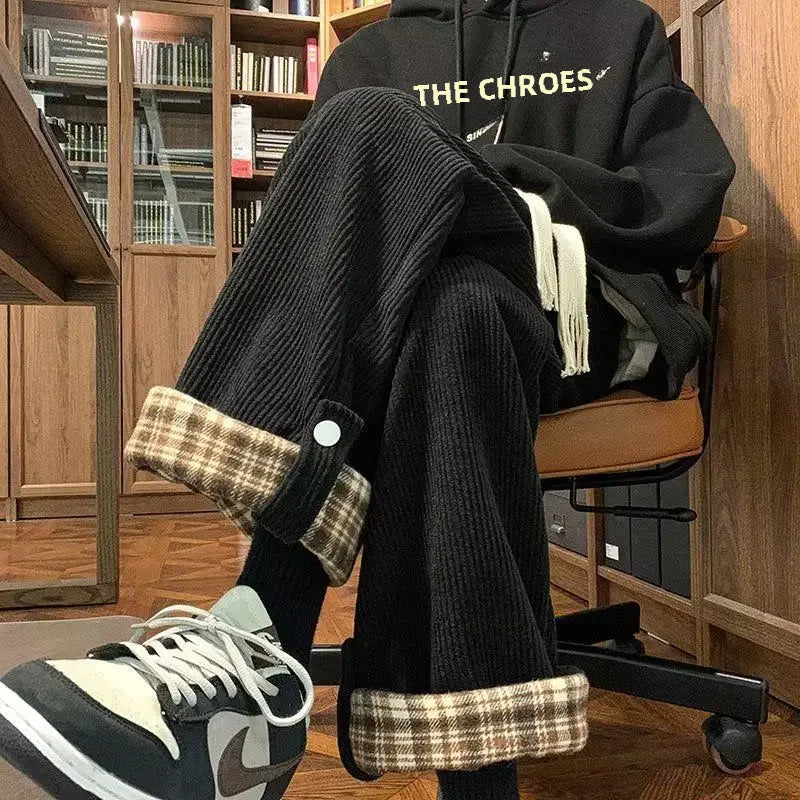 Japanese Style Corduroy Plaid Men's Pants Wide Leg Straight Leg Loose Fit Vintage Sensibility Casual Trousers For Autumn