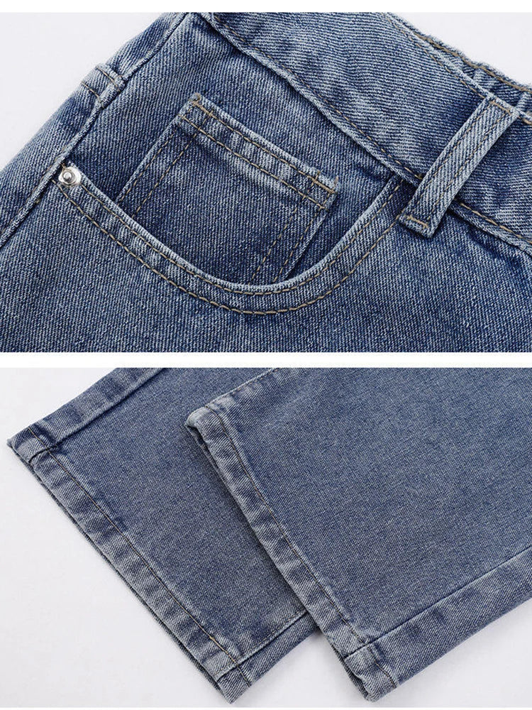 2025 New Korean Men Casual Long Straight Jeans Wide Leg Denim Pants Solid Color Light Blue Grey Black