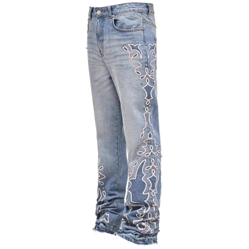 Men's Jeans 2025 Streetwears Straight Jeans Full Length Denim Pants Slight Strech Embroidery Loose Fashion Embroidery  Man Jeans