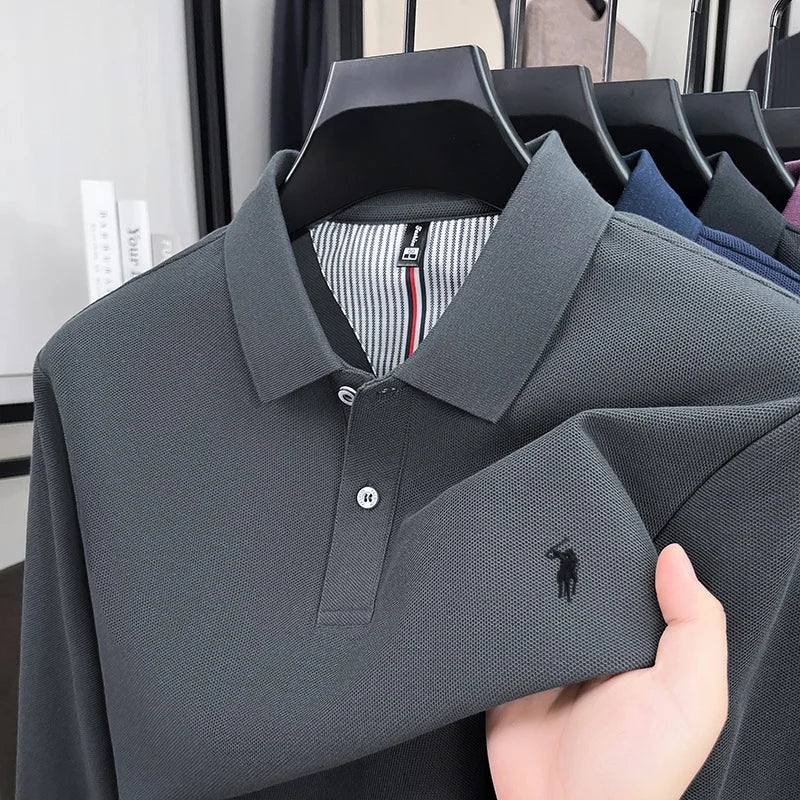 100% pure cotton high-end brand men's long sleeved polo shirt autumn fashion new luxurious pony Paul embroidery top golf T-shirt