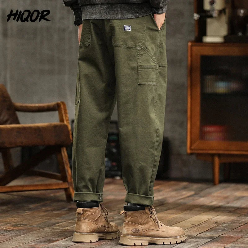 HIQOR Men's Loose Profile Pants American Vintage Trousers For Men High Waist Army Green Men's Casual Pants Cargo Trousers Male