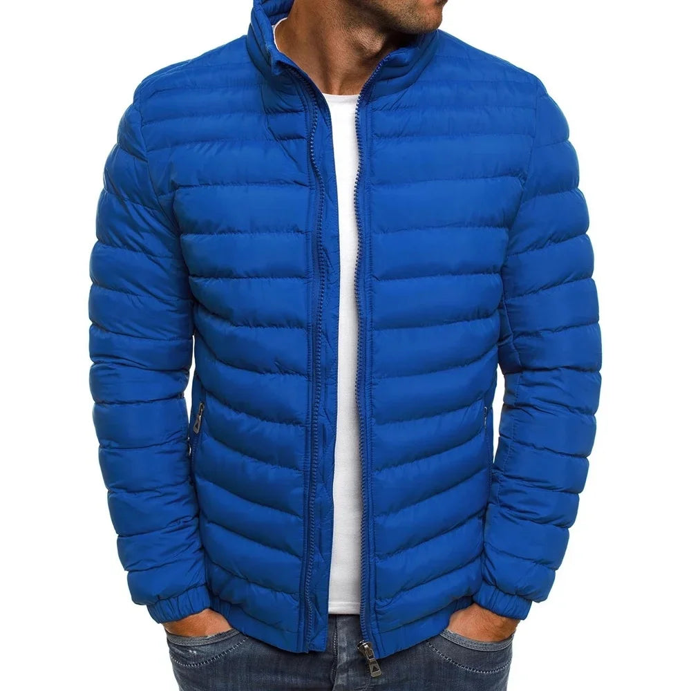 2025 new thick men's warm casual men's jacket solid color stand collar men's winter multi color windproof cotton down jacket