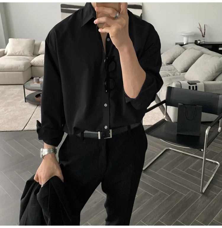 100% Polyester Loose Style Men Shirt Long Sleeve High-end Gray Light-ready Western Suit Innerwear Oversize Trendy