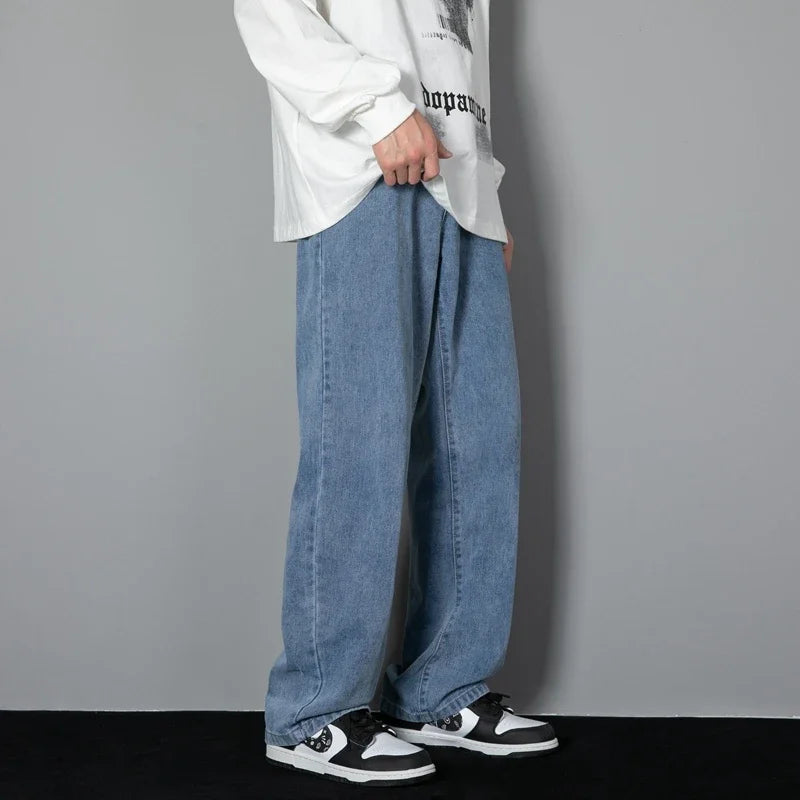 2025 New Korean Men Casual Long Straight Jeans Wide Leg Denim Pants Solid Color Light Blue Grey Black