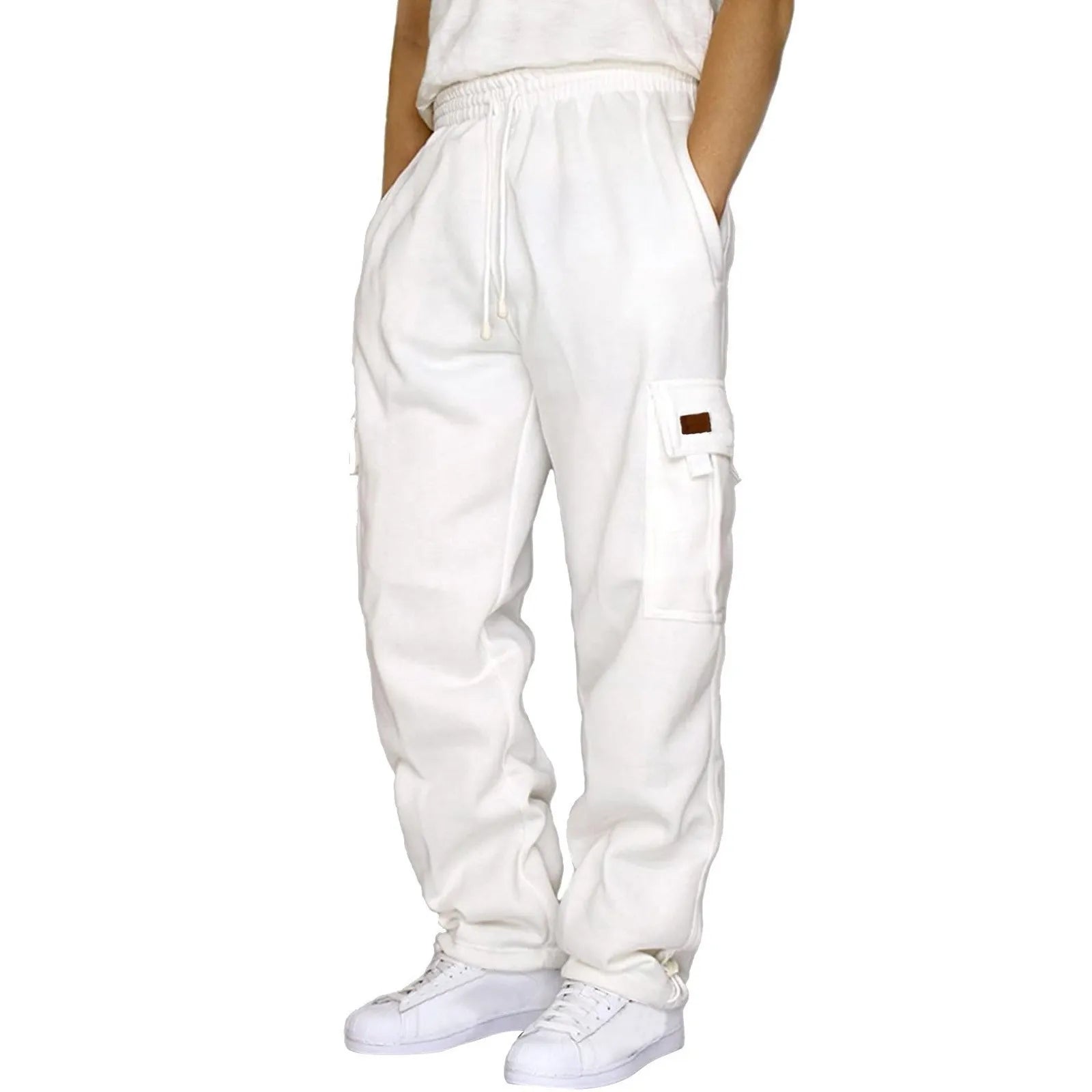 Cross-Border Trade Hot-Selling Men's Casual Fleece-Lined Jogger Pants with Multiple Pockets and Drawstring Loose Workwear Trouse