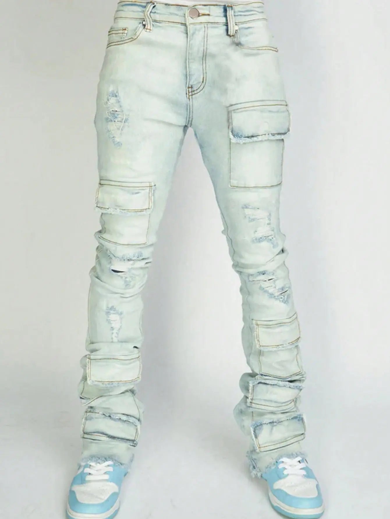 Men's Denim Pants Fashion High Street Jeans Zipper Fly American Straight Full Length Slight Strech Ripped Hole Stonewashed Jeans