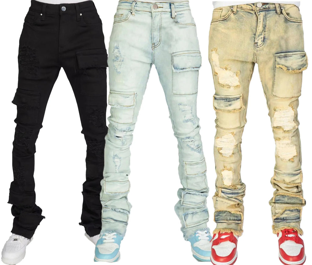 Men's Denim Pants Fashion High Street Jeans Zipper Fly American Straight Full Length Slight Strech Ripped Hole Stonewashed Jeans