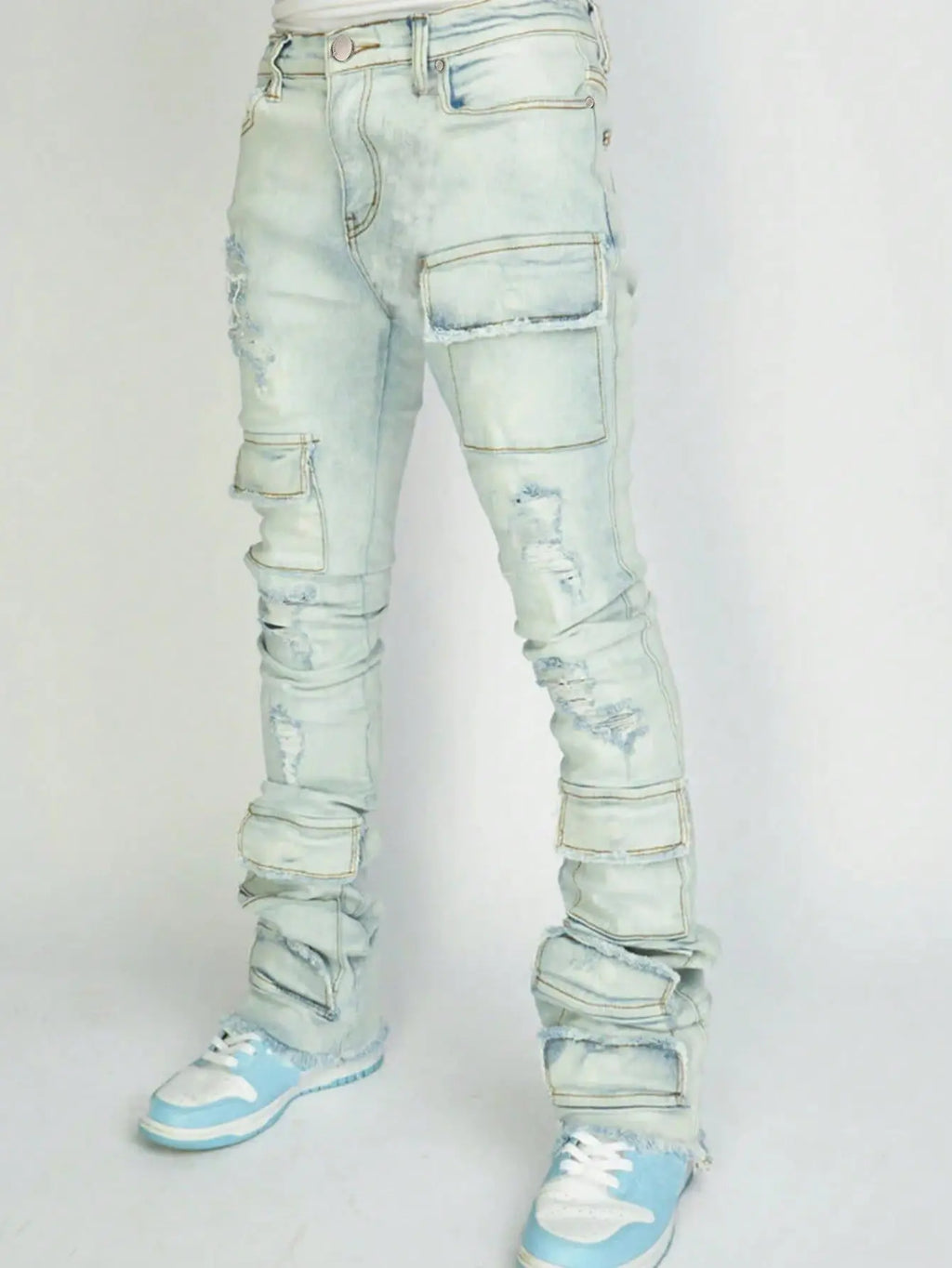 Men's Denim Pants Fashion High Street Jeans Zipper Fly American Straight Full Length Slight Strech Ripped Hole Stonewashed Jeans