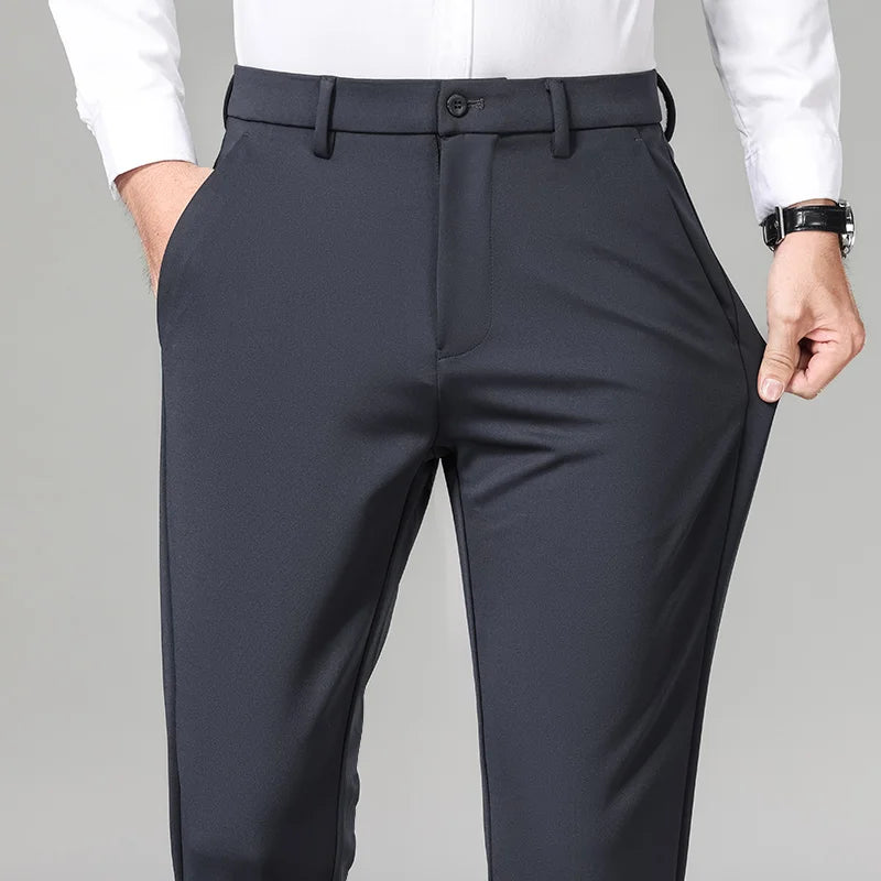 OUSSYU Brand Winter Men's Stretch Pants Business Work Formal Classic Solid Color Loose Straight Grey Trousers Men Plus Size 40