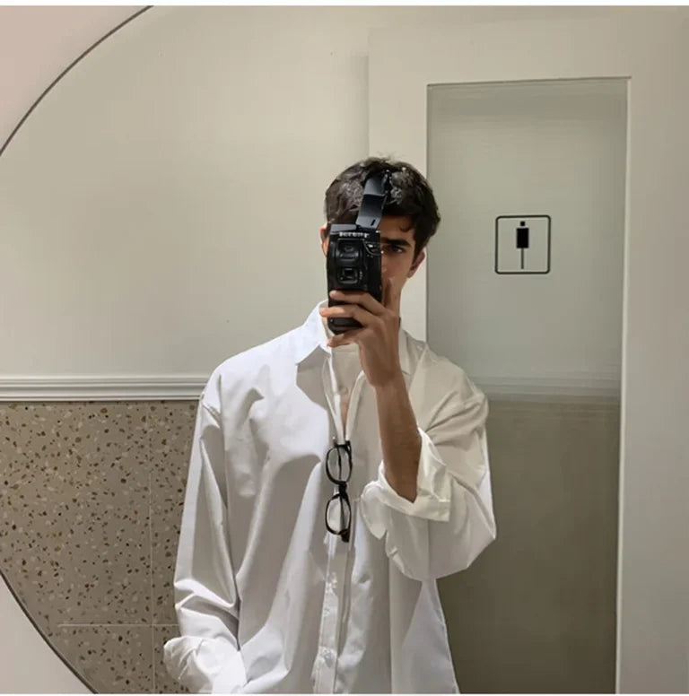 100% Polyester Loose Style Men Shirt Long Sleeve High-end Gray Light-ready Western Suit Innerwear Oversize Trendy
