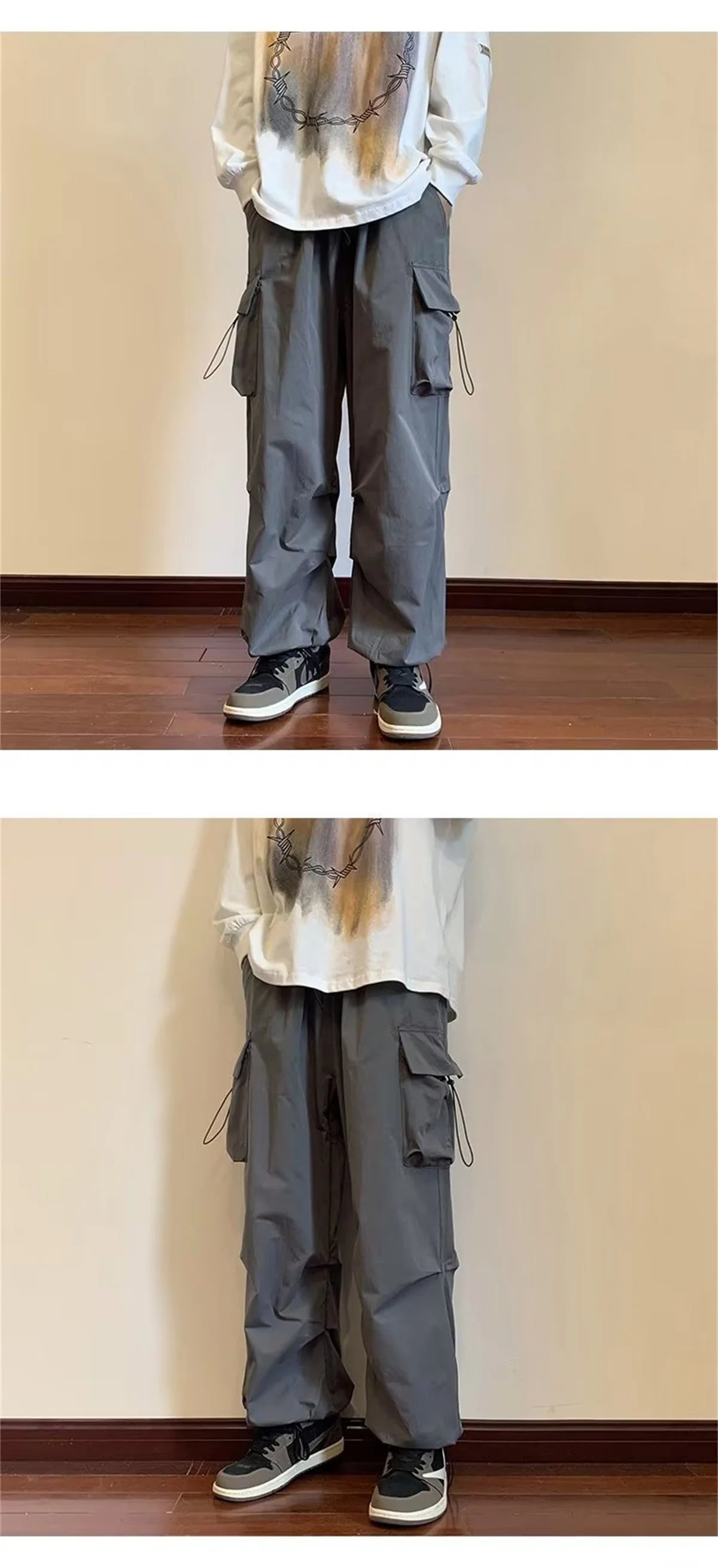 Streetwear 2024 Spring Harem Casual Pants Men Elastic Waist Solid Color Cargo Pants Multi Pocket Loose Baggy Pants For Women