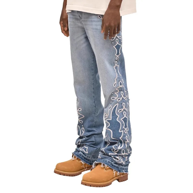 Men's Jeans 2025 Streetwears Straight Jeans Full Length Denim Pants Slight Strech Embroidery Loose Fashion Embroidery  Man Jeans
