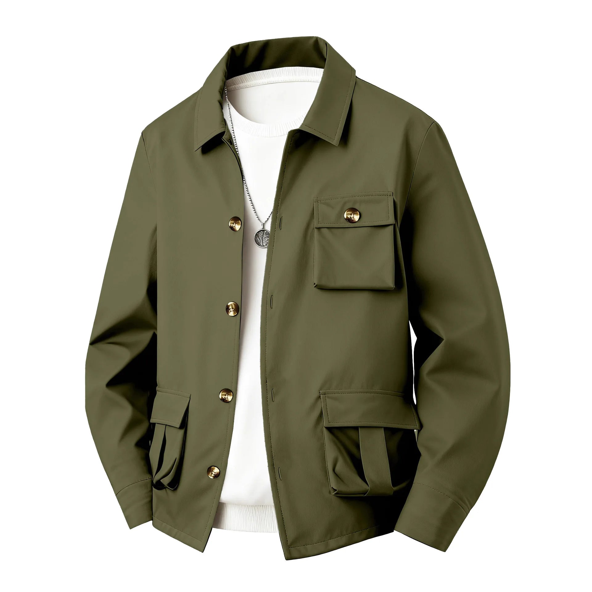 Spring Autumn Men's Solid Color Multi-Pocket Utility Jacket - Simple Style Long Sleeve Casual Multi-Functional Waterproof Shirt
