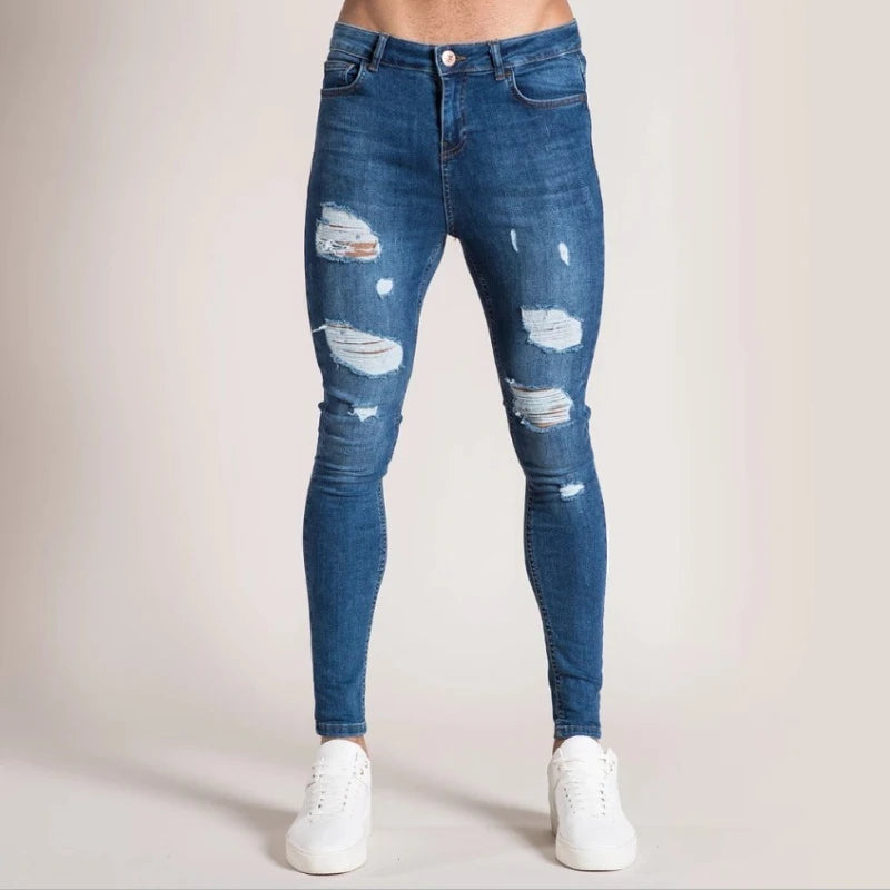 Men's Jeans Ripped Full Length Denim Pants Casual Strech Four Seasons Skinny Pencil Pants Slim America Washed Distressed Jeans