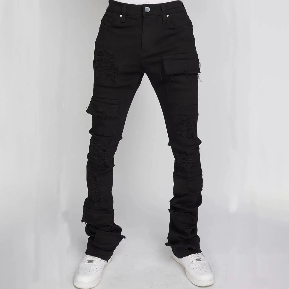 Men's Denim Pants Fashion High Street Jeans Zipper Fly American Straight Full Length Slight Strech Ripped Hole Stonewashed Jeans