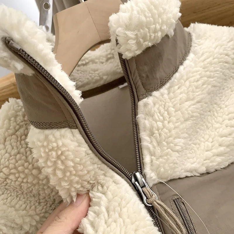 Autumn and Winter Japanese Men's and Women's Fleece Stand Neck Jacket Couple Zipper Loose Warm Lamb Wool Coat Solid Color Jacket