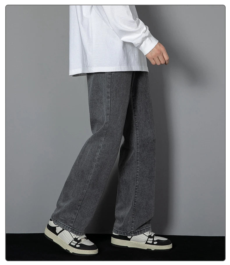 2025 New Korean Men Casual Long Straight Jeans Wide Leg Denim Pants Solid Color Light Blue Grey Black