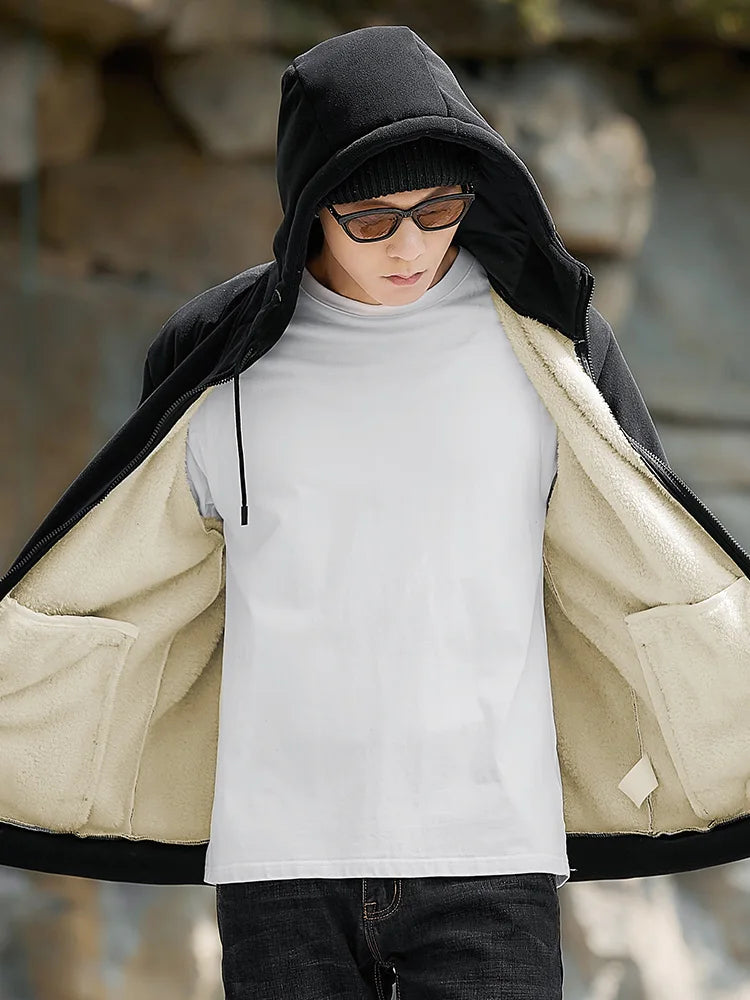 Men's Winter Fleece Jacket with Zip Pockets Classic Style Windproof Thickened Warm Hoody Coat Plus Size 6XL 7XL 8XL