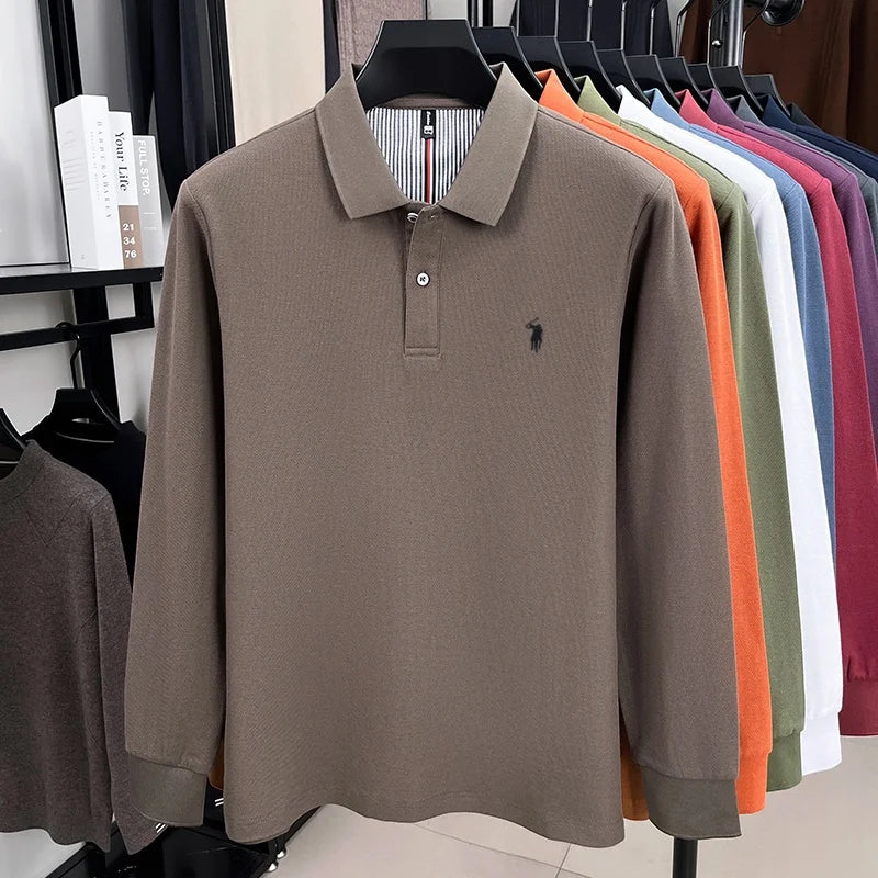 100% pure cotton high-end brand men's long sleeved polo shirt autumn fashion new luxurious pony Paul embroidery top golf T-shirt