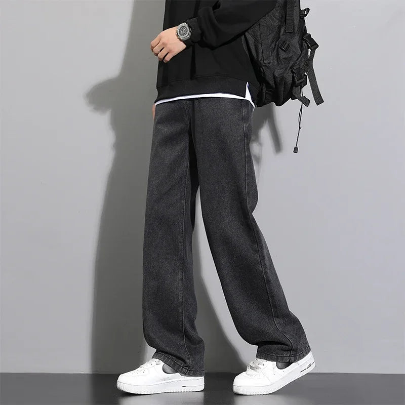 2025 New Korean Men Casual Long Straight Jeans Wide Leg Denim Pants Solid Color Light Blue Grey Black