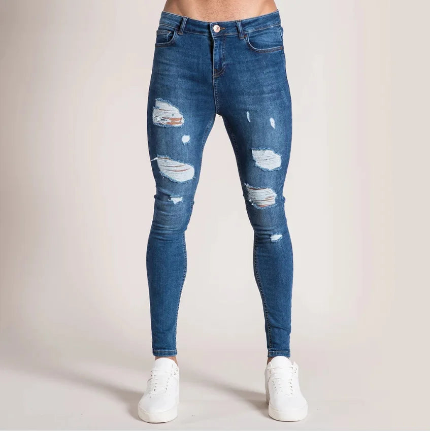Men's Jeans Ripped Full Length Denim Pants Casual Strech Four Seasons Skinny Pencil Pants Slim America Washed Distressed Jeans