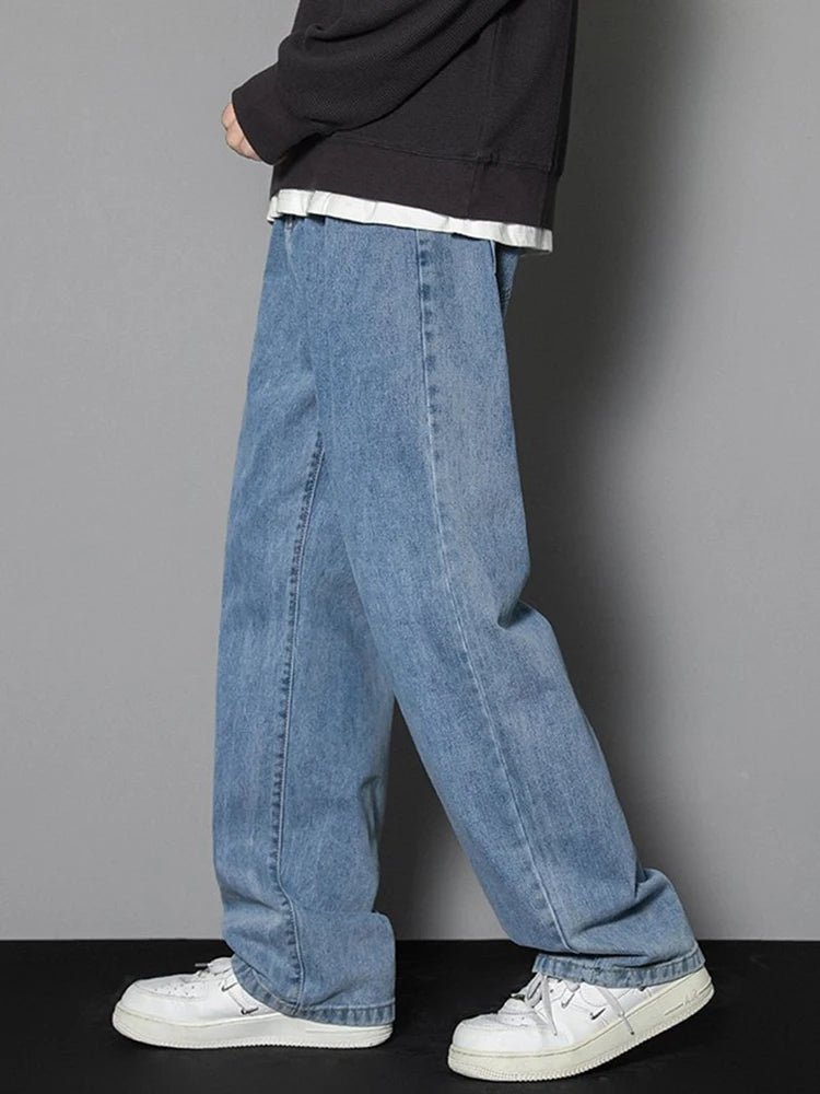 2025 New Korean Men Casual Long Straight Jeans Wide Leg Denim Pants Solid Color Light Blue Grey Black
