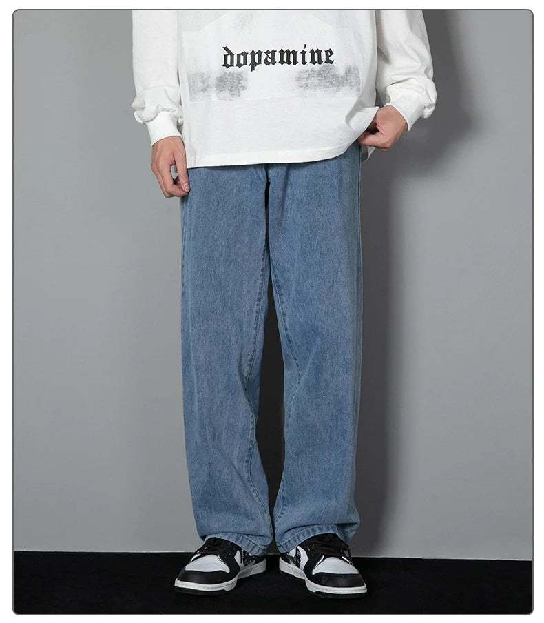 2025 New Korean Men Casual Long Straight Jeans Wide Leg Denim Pants Solid Color Light Blue Grey Black