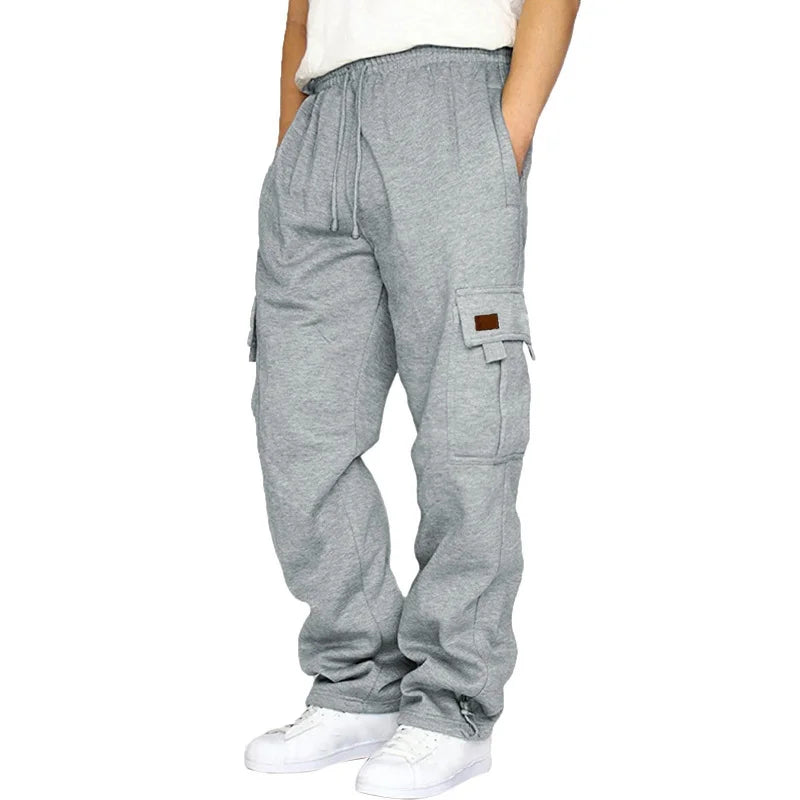 Cross-Border Trade Hot-Selling Men's Casual Fleece-Lined Jogger Pants with Multiple Pockets and Drawstring Loose Workwear Trouse