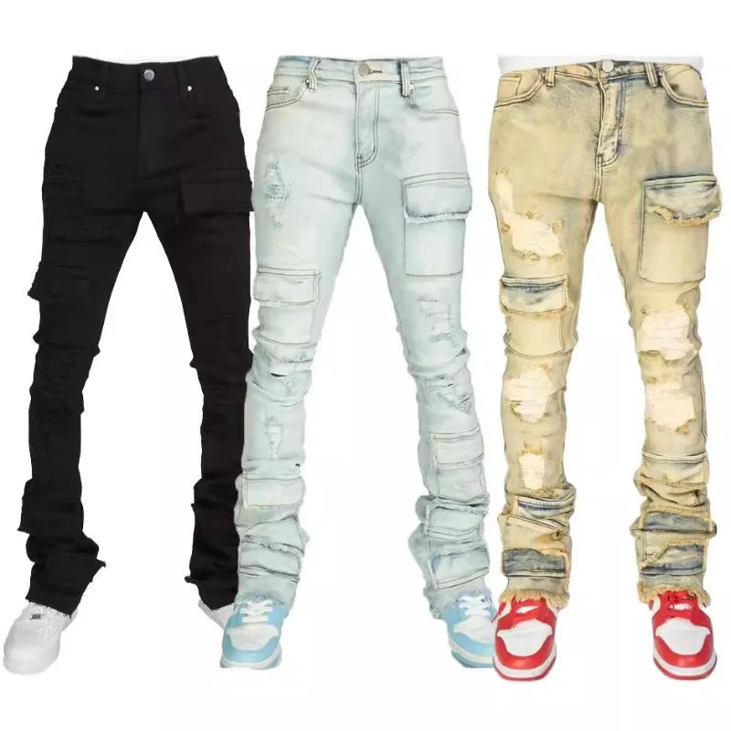 Men's Denim Pants Fashion High Street Jeans Zipper Fly American Straight Full Length Slight Strech Ripped Hole Stonewashed Jeans